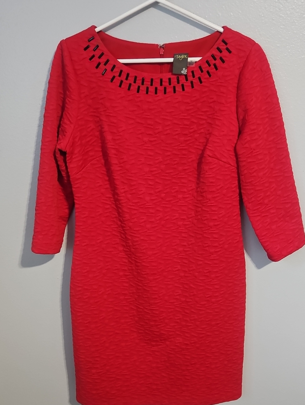 Taylor Bright Red Textured Sheath Dress with Embellished Neckline